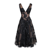 Black Deep V-neck Mesh A- Line High-end Evening Dress - kinko